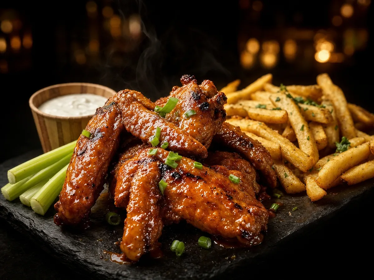 Six sticky glazed buffalo chicken wings piled on dark slate and scattered with sliced spring onion, with celery sticks, a wooden cup of creamy dip and a generous serve of seasoned fries alongside.