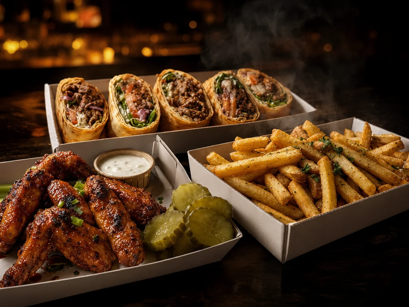 A full Lulu's order on a dark bar table: glazed buffalo wings with celery and a pot of dip, three pulled meat wrap halves, and a tray of seasoned fries with pickles, steam rising.