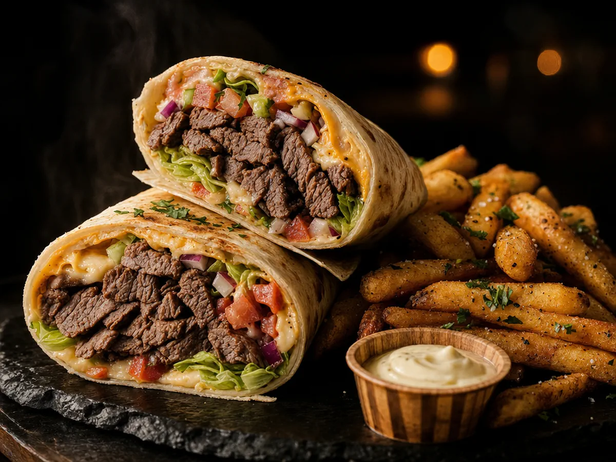 Two halves of a pulled lamb wrap stacked on dark slate with the cut faces to camera, showing shredded slow-cooked lamb, melted cheese, tomato, red onion and shredded lettuce in a griddled flatbread, with seasoned fries piled behind and a wooden cup of creamy garlic sauce in the foreground.