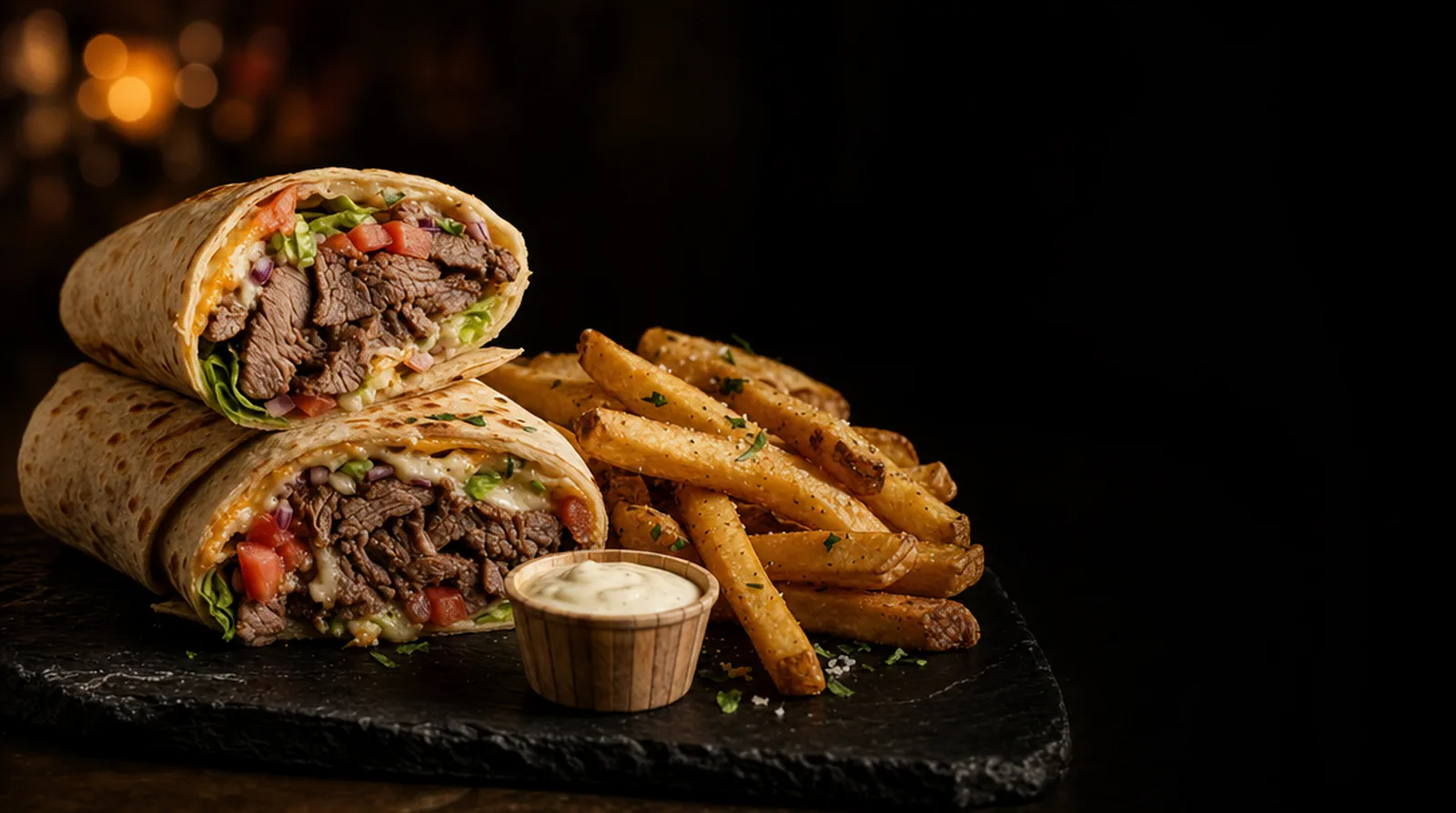 Two halves of a pulled beef wrap stacked at an angle beside golden seasoned fries and a small wooden cup of creamy sauce, on dark slate in a low-lit bar.